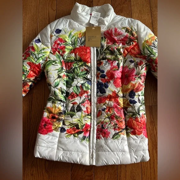 John + Jenn White Floral Puffer Jacket - Women's Quilted Coat Lightweight NWT XS - Picture 2 of 8